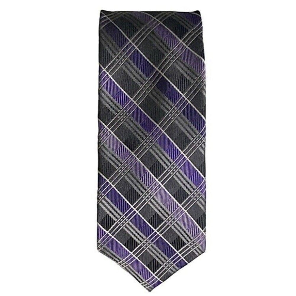 Pronto Uomo Mens Silk Tie 58 inches Tartan Plaid Purple Black White Boardroom